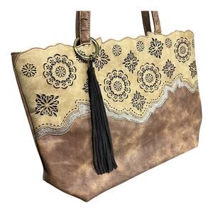 Catchfly Mandala Filigree Concealed Carry Handbag Shoulder Tote Boho Tassel Tan